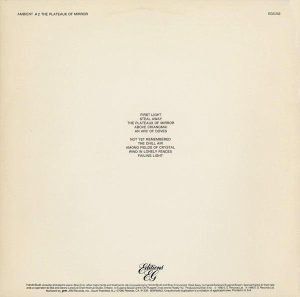 Harold Budd / Brian Eno : Ambient 2 (The Plateaux Of Mirror) (LP, Album)