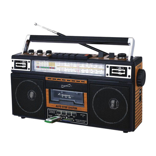 Supersonic 4 Band Bluetooth Radio & MP3 / Cassette Player: Wood Brown