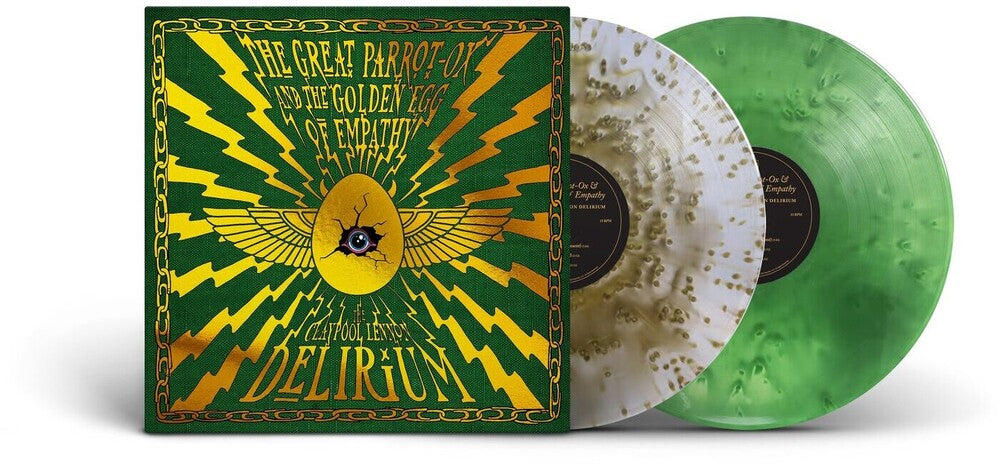 the album cover for Claypool Lennon Delirium - The Great Parrot-Ox and the Golden Egg of Empathy [Indie Exclusive Cloudy Gold and Cloudy Green with 24 Page Comic Book]