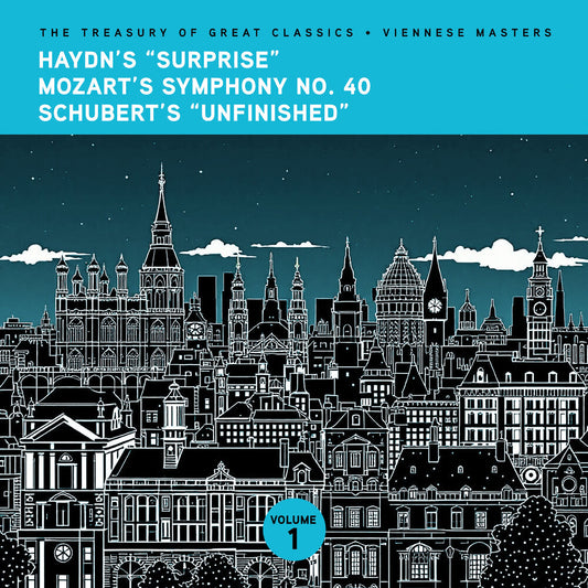 the album cover for Ljubljana Symphony Orchestra & Slovak Phil Orch - The Treasury of Great Classics - Viennese Masters - Vol. 1. Haydn's "Surprise", Mozart's Symphony No. 40 & Schubert's "Unfinishe