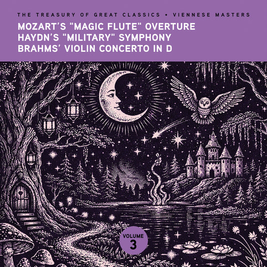 the album cover for Ljubljana Symphony Orchestra & Slovak Phil Orch - The Treasury of Great Classics - Viennese Masters - Vol. 3. Mozart's "Magic Flute" Overture, Haydn's "Military" Symphony, Brahms