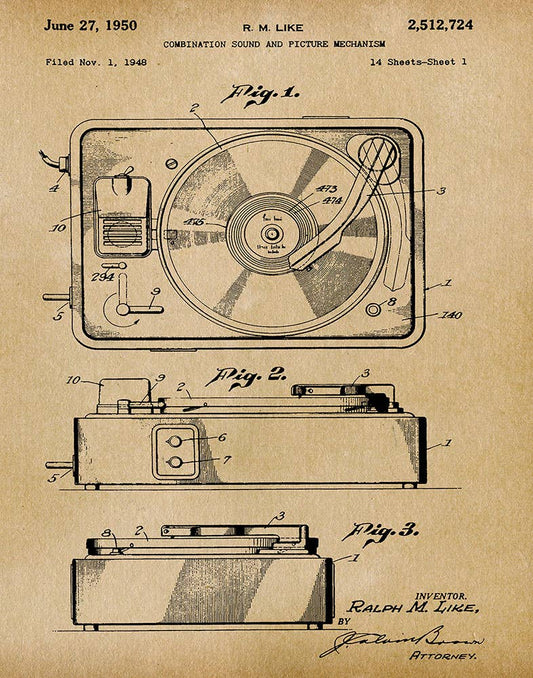 Turntable Artwork 1950 Patent Art Print  - Music: Parchment / 8"x 10"