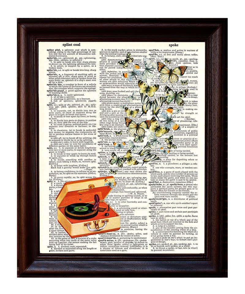 Retro Record Player and Butterflies Dictionary Print
