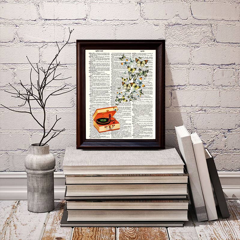 Retro Record Player and Butterflies Dictionary Print